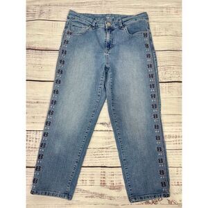 Style & Co Capri Jeans Size 8 Blue Embroidered Side Panel Mid Rise Stretch Denim